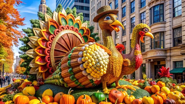 Thanksgiving parade float with giant turkey and fall decorations