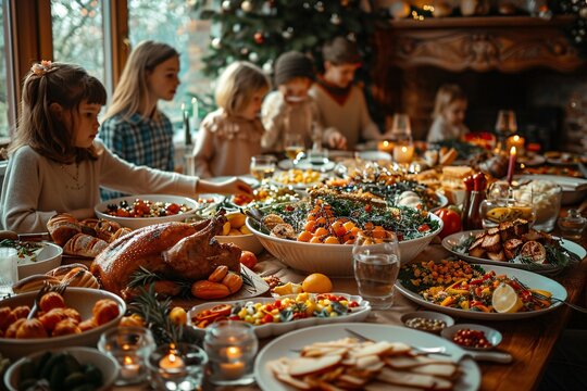 A lively family gathering is taking place, with children and adults enjoying a bountiful spread of seasonal dishes at a beautifully set dining table by a warm fireplace.