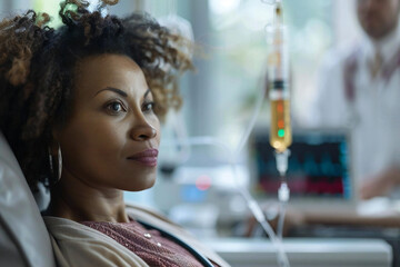 close-up shot of an African American woman receiving a vitamin therapy IV drip infusion at a medical center, with a doctor monitoring the process on a laptop screen.