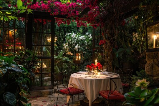 A romantic outdoor dining setting under a gazebo adorned with twinkling lights, surrounded by lush tropical plants and vibrant flowers during an enchanting evening