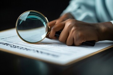 close-up shot of a businessperson's hand (an African American woman) looking at a contract form through a magnifying glass on a black background. The theme is focused on auditing