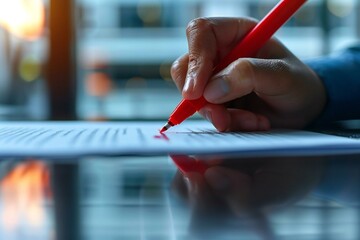 Close-up photo of a person's hand using a red marker to highlight and mark an error on a document.