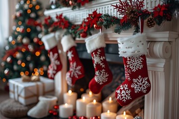 Fototapeta premium Red and white stockings with snowflake designs decorate a fireplace, surrounded by candles and a beautifully lit Christmas tree, creating a warm and inviting holiday atmosphere.