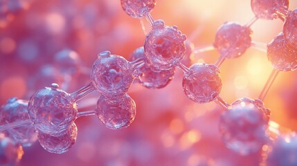 A close-up of a 3D rendered molecular structure with a pink and orange background.