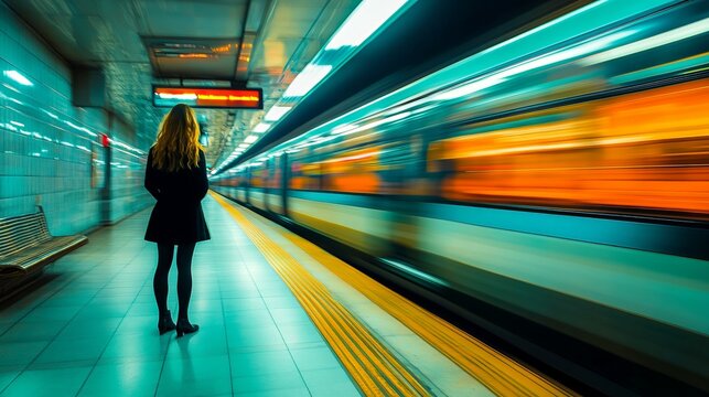 A young woman stands on a subway platform as a train passes by, creating a dynamic scene with reflections and movement