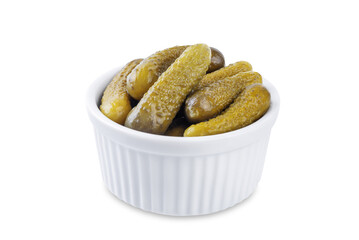 Pickles, salted cucumbers in a bowl on a white isolated background