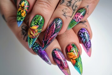 Detailed floral nail art featuring vibrant colors on long nails, showcasing a creative design with intricate patterns and textures under natural light