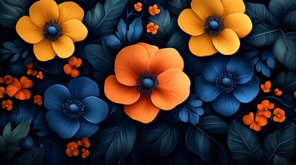 A vibrant floral pattern with large blue, orange, and yellow flowers on a dark green background.