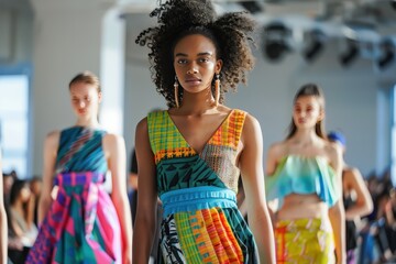 Models showcase a vibrant jungle-themed fashion collection on the runway during a fashion show featuring tropical designs and bold patterns