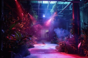 A vibrant indoor space featuring lush greenery and colorful lighting, creating an enchanting atmosphere with mist and shadows in an industrial setting
