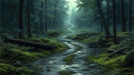 Obraz premium A tranquil journey through a lush oldgrowth forest, following a winding road surrounded by towering trees and vibrant foliage