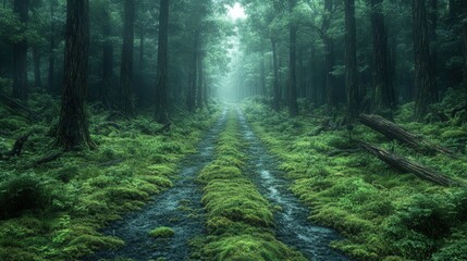 Obraz premium A tranquil journey through a lush oldgrowth forest, following a winding road surrounded by towering trees and vibrant foliage