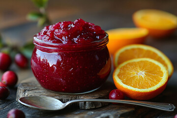 A jar of homemade cranberry sauce enriched with fresh orange slices. This festive condiment is perfect for Thanksgiving, Christmas, and other holiday meals, enhancing your dining experience
