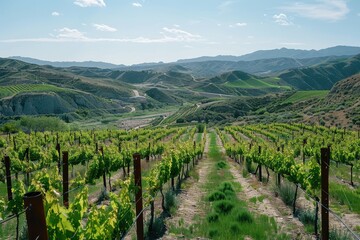 Vast green vineyards stretch across rolling hills under a dramatic sky in Tuscany during late afternoon, capturing the beauty of the Italian countryside