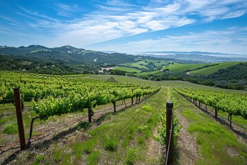 Naklejka premium Vast green vineyards stretch across rolling hills under a dramatic sky in Tuscany during late afternoon, capturing the beauty of the Italian countryside