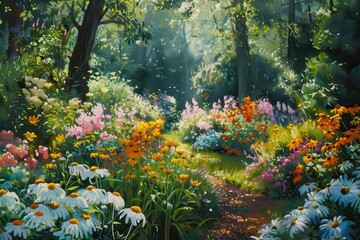 A vibrant summer garden filled with colorful flowers and lush greenery in a serene outdoor setting