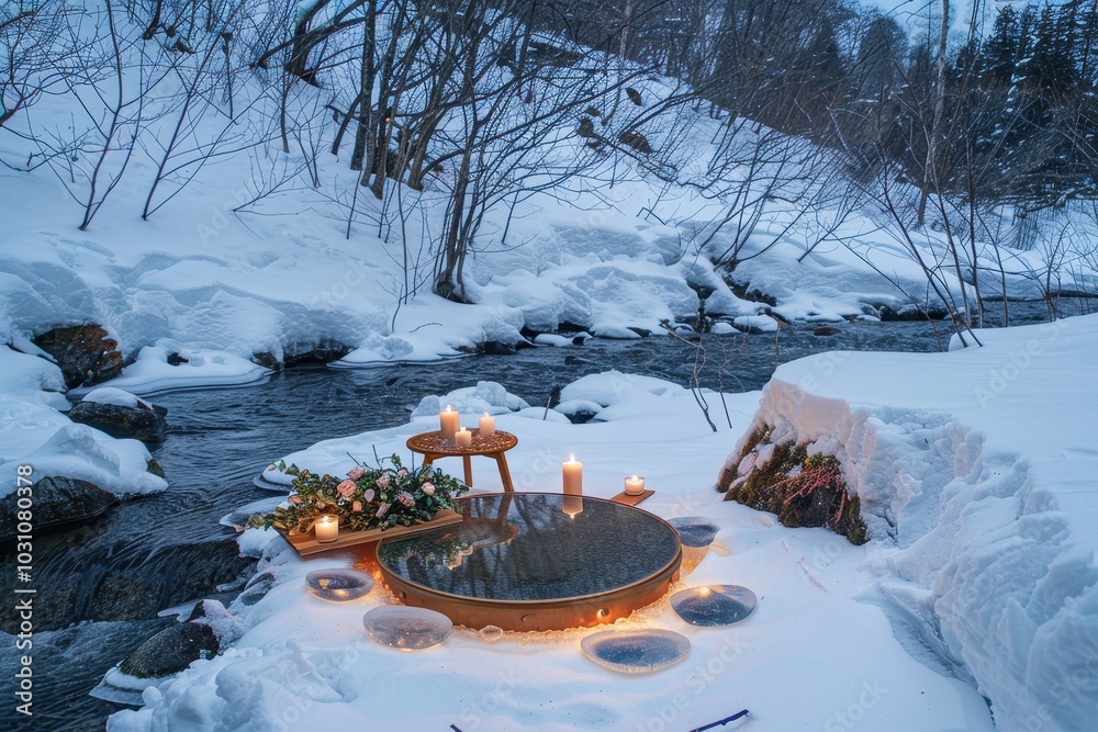 Poster a tranquil winter landscape featuring a rocky outcrop with a snow-covered surface emerging from calm