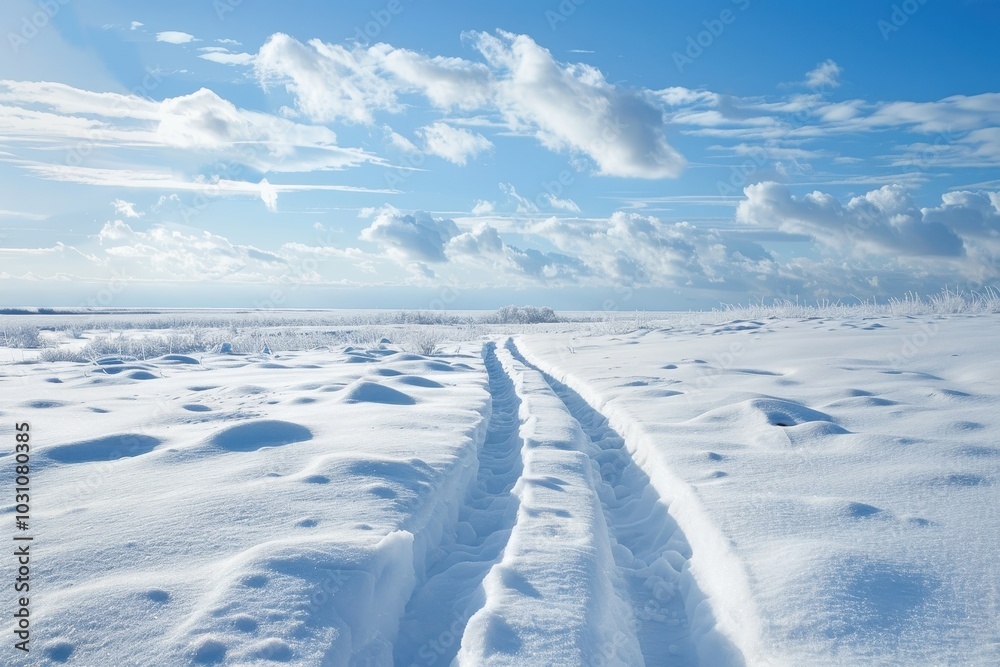 Poster snow-covered landscape with winding tracks under a bright sky and fluffy clouds during daylight in a