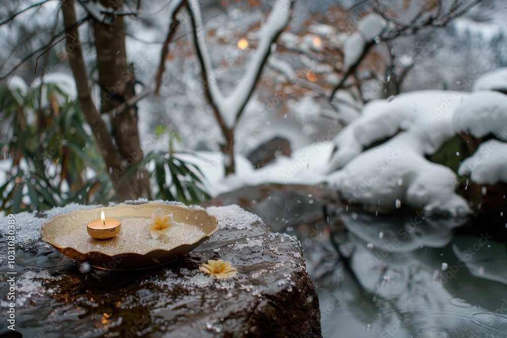 Poster a tranquil winter landscape featuring a rocky outcrop with a snow-covered surface emerging from calm