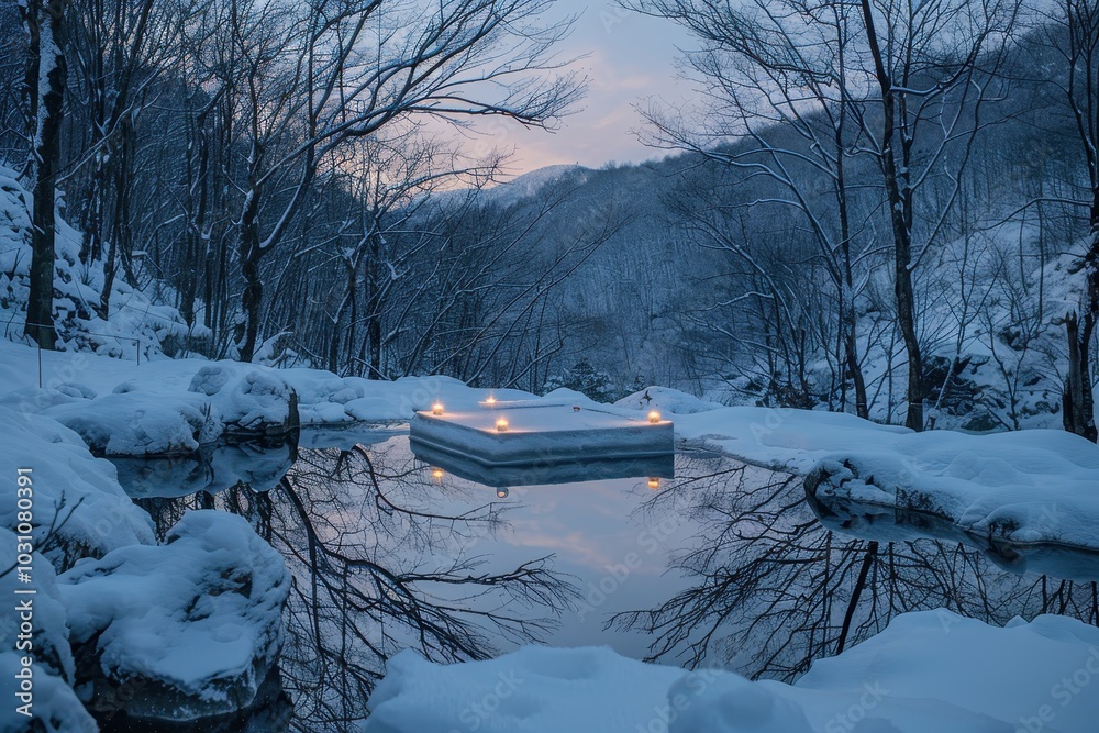 Poster a tranquil winter landscape featuring a rocky outcrop with a snow-covered surface emerging from calm