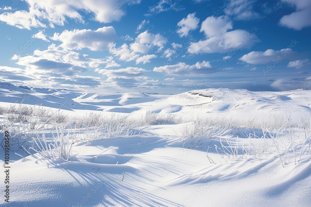 Aufkleber snow-covered landscape with winding tracks under a bright sky and fluffy clouds during daylight in a