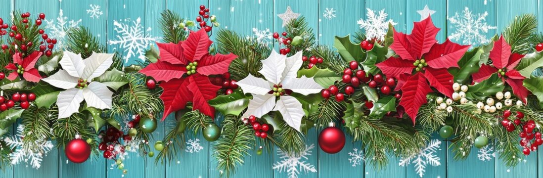 Ornament with fir brigades attached to a wooden plank on snowy background
