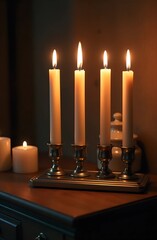 Lit candles in candleholder on wooden table.
