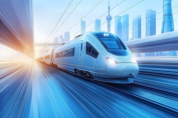Naklejka premium A sleek, modern high-speed train travels through a city, showcasing a futuristic design and the speed of modern transportation.