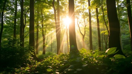Naklejka premium Sunlight Through Trees in a Serene Forest Setting