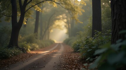 Obraz premium Misty forest road at dawn.