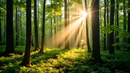 Obraz premium Sunlight Through Trees in Lush Green Forest