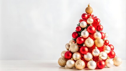 Small christmas tree decorated with red and gold ornaments on a white background