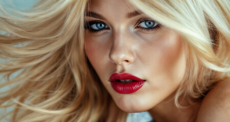 Fototapeta premium Close-up portrait of an elegant blonde woman with flowing hair and striking red lipstick, exuding confidence and glamour against a solid background.