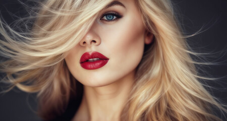 Fototapeta premium Close-up portrait of an elegant blonde woman with flowing hair and striking red lipstick, exuding confidence and glamour against a solid background.