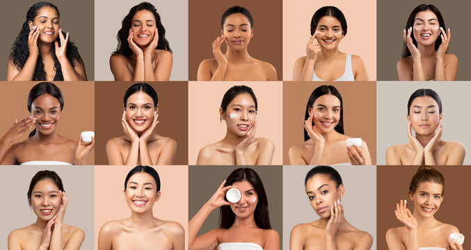 A group of women from various age backgrounds demonstrates their skincare routines at home. Each woman smiles while applying products to their faces, showcasing joy and self-care.