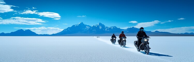 landscape with lake and mountains and motorbikers 