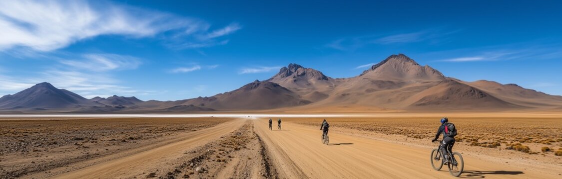 panorama of the mountains and desert with people on bicycles riding the road