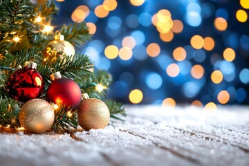 Obraz premium With baubles, fir branches, and a Christmas gift box, this winter background displays the spirit of Christmas.