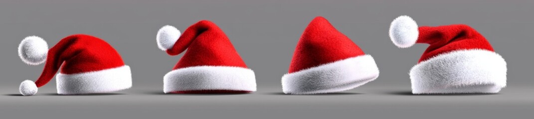A set of realistic red santa hats. A New Year red hat - a modern stock photo.