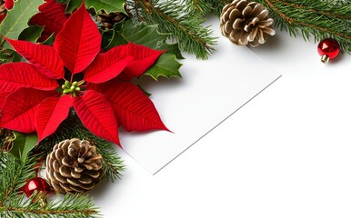 On a white background, there is a frame of red poinsettias, a branch of a christmas tree, balls, and red berries. The top view is flat but there is space for text underneath the frame.