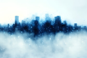 Fototapeta premium A foggy city skyline emerges through a mist of blue hues, creating a mysterious and ethereal atmosphere.