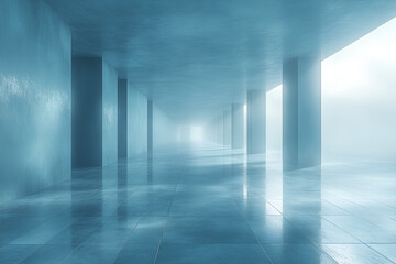 A serene, misty hallway with smooth, reflective surfaces and soft, ambient light creating a tranquil atmosphere.