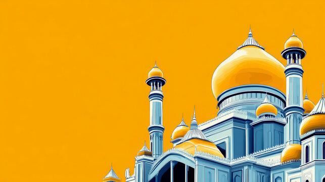 Happy Independence Day of Brunei Darussalam. Horizontal banner. Copy space. Beautiful Sultan Omar Ali Saifuddin Mosque. Yellow background. Flat illustration