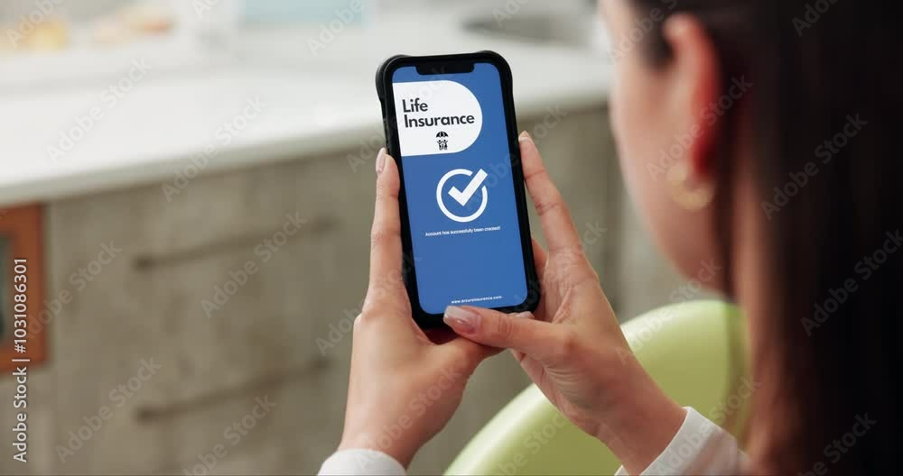 Poster hands, phone and screen with app for life insurance, welcome and login with check icon in clinc. doc