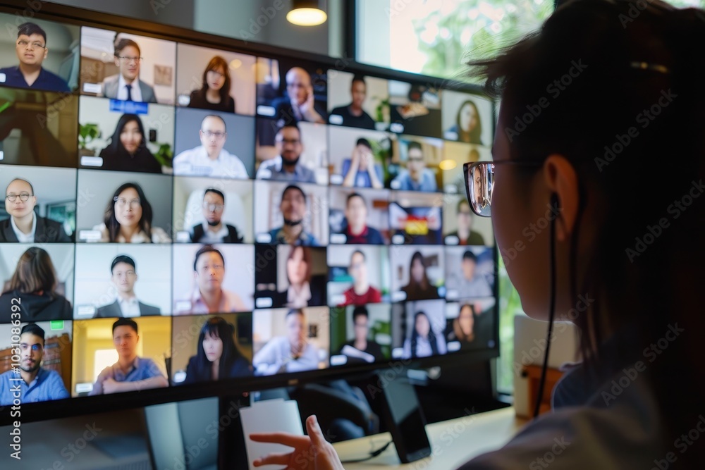 Poster a group of professionals engaged in a virtual conference using advanced technology in a modern meeti