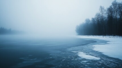 Fototapeta premium A breathtaking view of a frozen lake surrounded by snow-covered trees in a serene winter forest under a clear blue sky