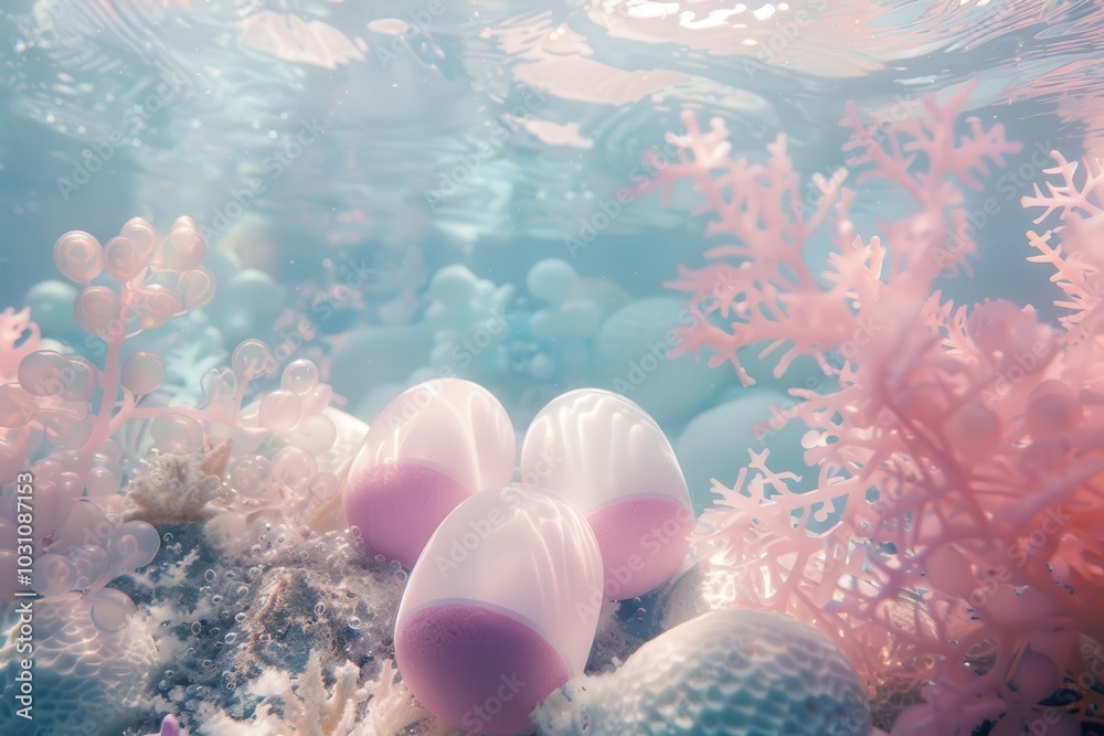 Poster underwater scene showcasing vibrant pink coral and delicate jellyfish-like structures in a clear tro