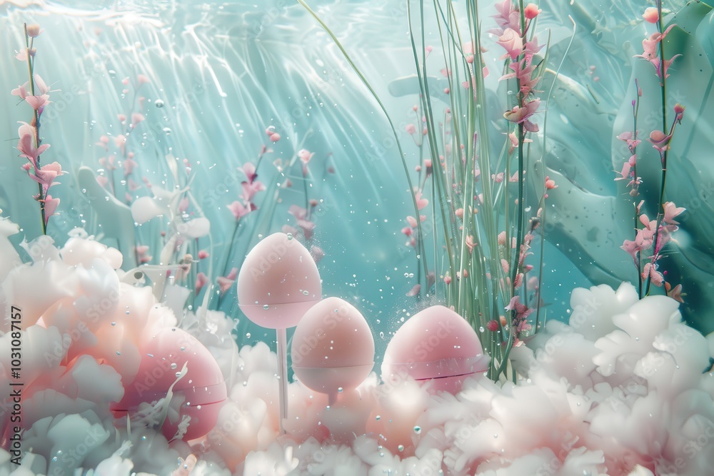 Poster underwater scene showcasing vibrant pink coral and delicate jellyfish-like structures in a clear tro