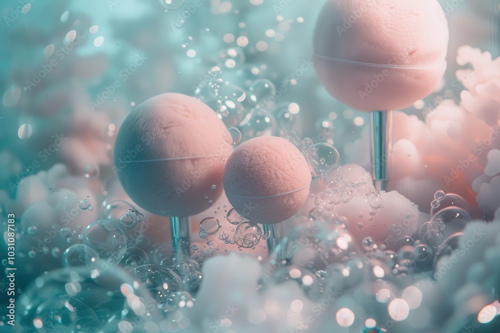 Poster underwater scene showcasing vibrant pink coral and delicate jellyfish-like structures in a clear tro