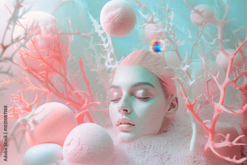Poster underwater scene showcasing vibrant pink coral and delicate jellyfish-like structures in a clear tro